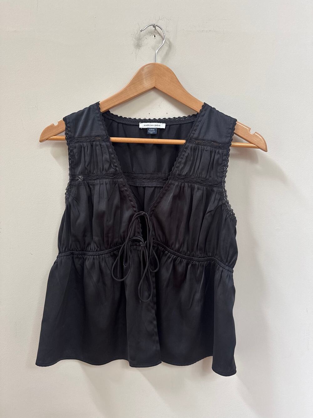 American Eagle tie front lace blouse top black size, small feminine romantic